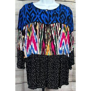 Caleoas Women’s Mixed Print 3/4 Bell Sleeve Abstract Polka Dot Artist Blouse M
